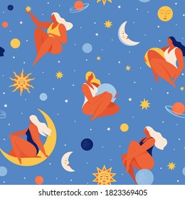 Set of people flying in space vector flat illustration. Collection of womеn holding planet with dream universe. Concept in flat graphic. Vector seamless pattern.