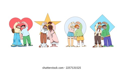 Set of people folding their hands in the shape of a heart, friends and couples. Diversity doodle.