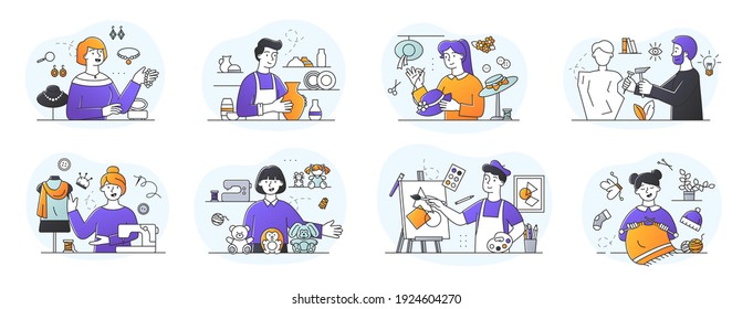 Set of people following eight different handmade professions including a potter, artist, seamstress, toy maker, sculptor, jeweller and hatter, colored outline vector illustration isolated on white