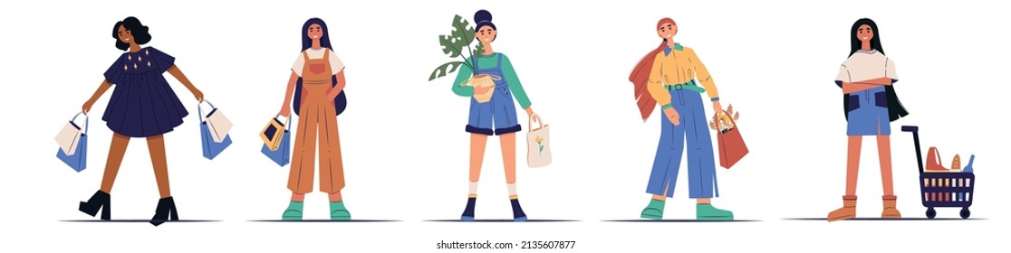 Set of people with food concepts, eat, eco bag, flowers,plant and grocery. Happy people have shopping. Flat vector illustrations isolated on white