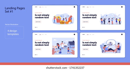 Set of people with food, lottery ticket or problem. Flat vector illustrations of men and women cooking, winning, consulting. Lifestyle and luck concept for banner, website design or landing web page