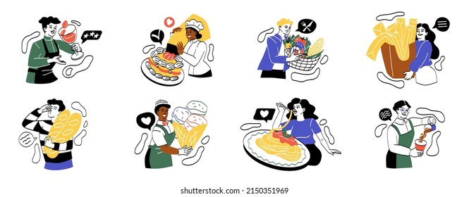 Set of people with food. Men and women holding glass of wine, French fries or baguette, eating pasta or preparing cake and hot coffee. Cartoon flat vector collection isolated on white background