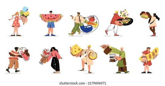 Set of People with food. Men and women eat organic food, hold watermelon, ice cream, cheese and bread. Barista pours coffee. Healthy diet. Cartoon flat vector collection isolated on white background