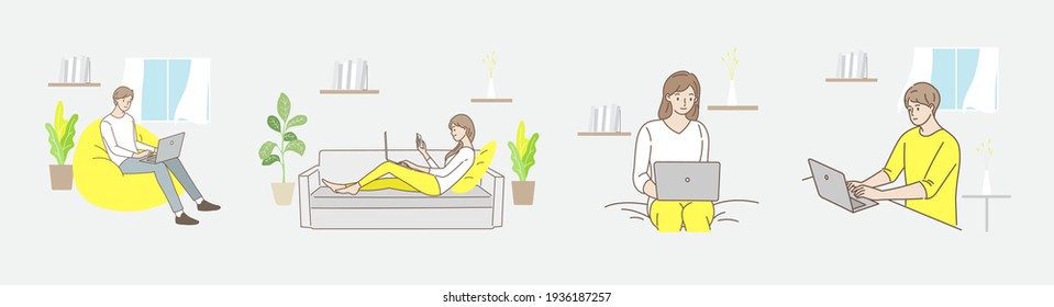 Set of people freelancers working on laptops, notebook or computers at home. People at home in quarantine. Working at home, coworking space, concept illustration. Hand draw style. Vector illustration.