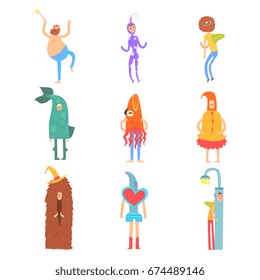 Set of people in funny costumes, man characters dressed in different costumes for childrens party vector Illustrations