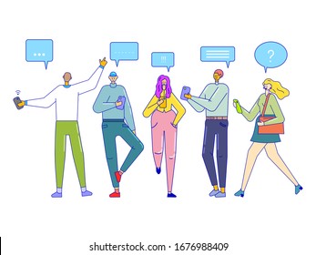 Set of people with gadgets isolated on white, vector illustration. Characters men and woman use their smartphones, read online news, play games, social network, internet. Flat line design