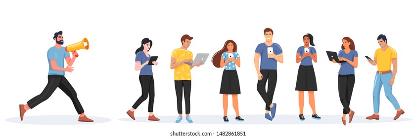 Conjunto de personas con gadgets. Hombre gritando en megáfono. adicción a Internet. Un grupo de jóvenes usa smartphones, laptops, tablets para comunicarse y trabajar. Vector.