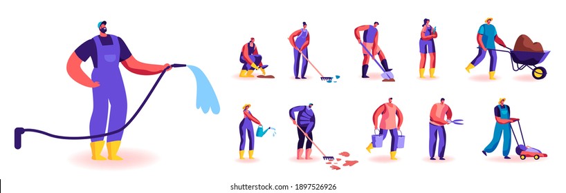 Set of People Gardening Activity. Male and Female Characters Care of Plants, Growing Vegetables and Flowers, Watering and Fertilizing Soil Isolated on White Background. Cartoon Vector Illustration