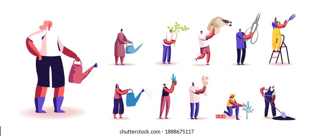 Set of People Gardening and Care of Plants Hobby. Male and Female Characters Planting, Cut, Fertilize Sprouts, Watering and Caring for Garden Isolated on White Background. Cartoon Vector Illustration