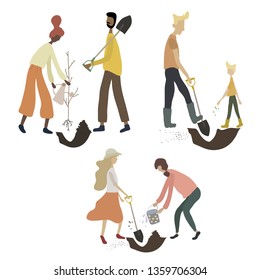 Set of people gardening. Young adult men, women, kids working in garden. Boys and girls with shovel, watering can, sprouts - planting, growing. Flat cartoon vector illustration. Female, male character