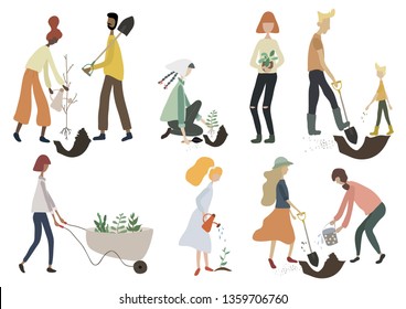 Set of people gardening. Young adult men, women, kids working in garden. Boys and girls with shovel, watering can, wheelbarrow - planting, growing, transplant sprouts. Flat cartoon vector illustration