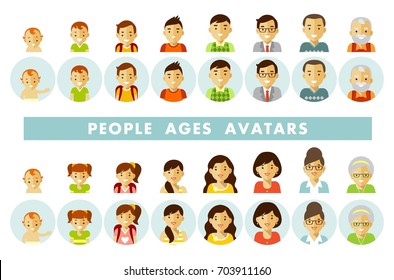 Set of people generations avatars at different ages. Man and woman aging icons - baby, child, teenager, young, adult, old. Vector illustration in flat style isolated on white background.