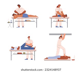 Set of people getting massage flat style, vector illustration isolated on white background. Massage therapist profession, design elements collection, kids and adults, healthcare