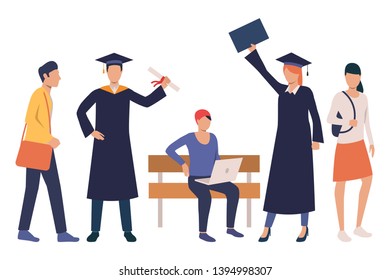 Set of people getting masters degree. Flat cartoon characters celebrating graduation. Vector illustration can be used for video, advertisement, promo