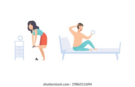 Set of People Getting Up, Young Man and Woman Awakening in their Beds Flat Vector Illustration