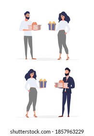 Set of people with gifts. Good for design on the theme of holidays, new year, Valentine's Day or birthdays. Isolated. Vector.