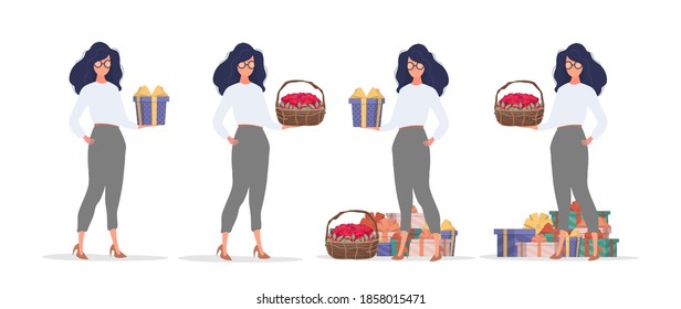 Set of people with gifts. Good for design on the theme of holidays, new year, Valentine's Day or birthdays. Isolated. Vector.