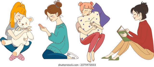 A set of people, girls in various poses. Lifestyle, hobbies, various hobbies and activities. Vector.