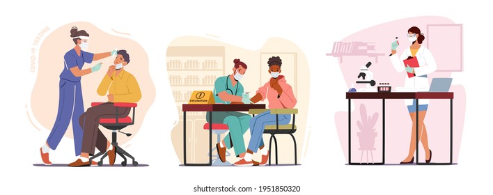 Set of People Give Covid Nasal Test and Apply Vaccination against Coronavirus Disease. Male and Female Characters Virus Prevention, Doctor in Medical Laboratory. Cartoon People Vector Illustration