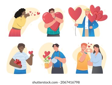 Set of people giving and sharing love. Happy men and women hold big heart and feel positive emotion. Metaphor of support, help and charity. Cartoon flat vector collection isolated on white background