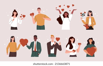 Set of people giving and sharing love. Charity and donation. Young smiling men and women holding red hearts. Tenderness, help and support. Cartoon flat vector collection isolated on beige background