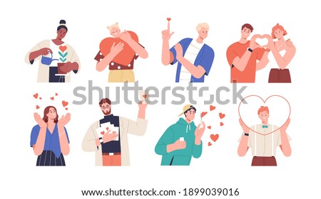 Set of people giving and sharing love, donating. Concept of assistance, care, philanthropy and support. Men and women holding hearts. Colored flat vector illustration isolated on white background