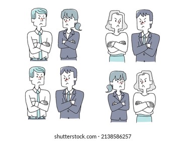 A set of people glaring at each other, a comical handwritten person, a vector, and simple coloring of line drawings.
