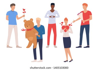Set of people going to date. Young men and women holding heart, flowers, teddy bear. People concept. Vector illustration can be used for topics like dating, love, romance