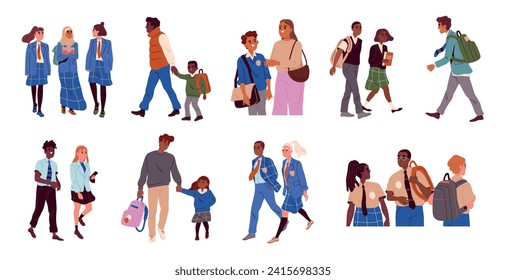 Set of people going to school or university. Parents with schoolchildren, teenage students and little pupils go to lessons in class. Cartoon flat vector illustrations isolated on white background