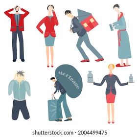 Set with people going through financial stress and uncertainty. People facing high utility bills, mortgage or loan pressure, bankruptcy or calculating expenses. EPS 10 vector illustration.