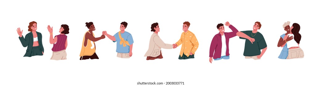 Set of people greeting each other, saying hello in different manners. Various hi gestures such as waving hands, handshake, fist and elbow bump, hugging. Flat vector illustration isolated on white.