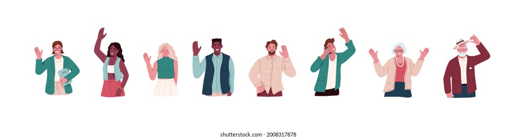 Set of people greeting and welcoming smb. with waving hands and hat tip. Happy friendly man and woman gesturing hi and saying hello. Colored flat vector illustration isolated on white background.