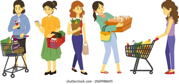 Set of people grocery shopping, fruits, vegetables, snacks. Colored flat vector illustration isolated on white background