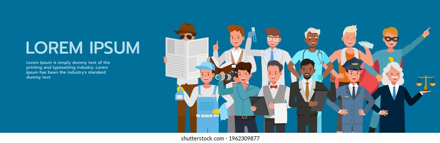 Set of people group different job and occupations on blue background character vector design. Labor Day.