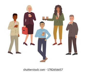 Grupo de personas que toman café y sonríen. Ilustración vectorial de personajes de dibujos animados aislados en fondo blanco.