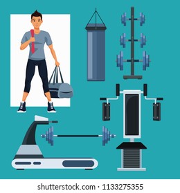Set of people and gym equipment