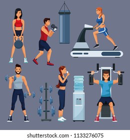 Set of people and gym equipment