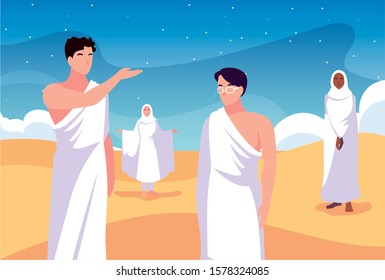set of people in hajj pilgrimage vector illustration design