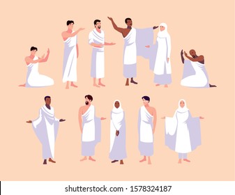 set of people in hajj pilgrimage vector illustration design