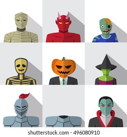 Set of people with halloween costume in flat icons