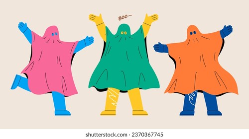 Set of people in halloween costume. Ghost. Colorful vector illustration