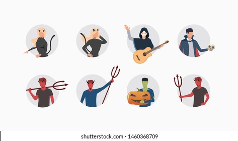 Set of people at Halloween costume party. Flat cartoon characters in light gray rounds. Vector illustration for presentation, poster, website