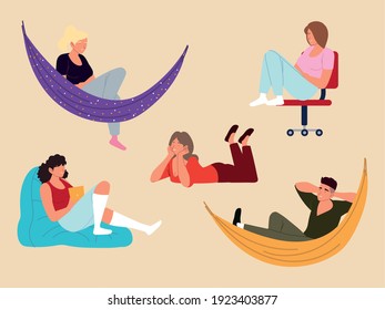 set people in hammock, floor with device and relaxing pose, procrastination