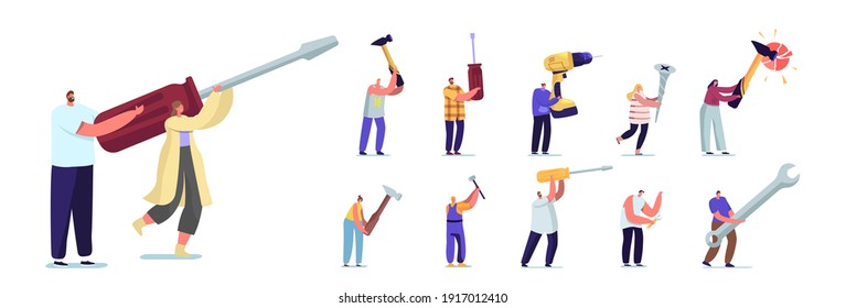 Set of People with Hand Instruments. Tiny Male and Female Characters Holding Huge Tools Screwdriver, Hammer and Wrench with Screw and Drill Isolated on White Background. Cartoon Vector Illustration