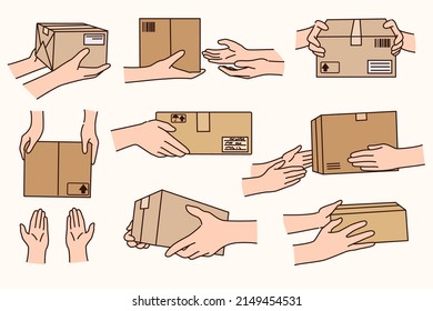 Set of people hands with cardboard post package delivery. Collection of courier or deliveryman with postal carton parcel. Order delivering to customer. Shipping service. Vector illustration. 