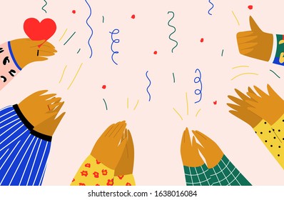 Set of people hands clapping, giving likes. Applause, ovation, celebrating, rapture. Flat doodle illustration in cute cartoon style, isolated.