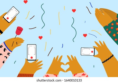 Set of people hands clapping, shooting on camera, giving likes. Applause, ovation, celebrating, rapture. Flat doodle illustration in cute cartoon style, isolated.