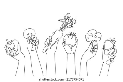 Set of people hands holding food. Cooking Background. Continuous line drywing style. Vector illustration.