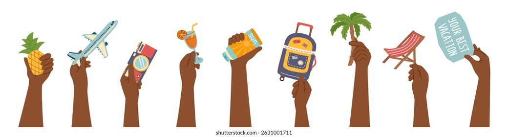 Set of people hands holding travel summer objects isolated on white background. Travel and vacation concept banner. Vector flat cliparts.