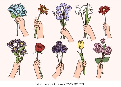 Set of people hands holding various flowers. Collection of persons with floral bouquet or compositions greet congratulate with special occasion. Botany, florist occupation. Vector illustration. 